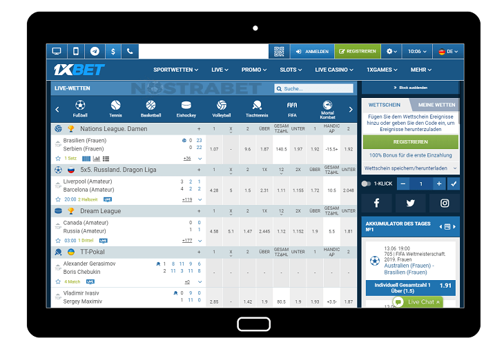 1xBet auf einem Tablet