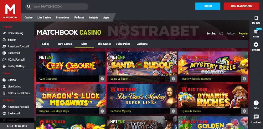 Casino Section at Matchbook