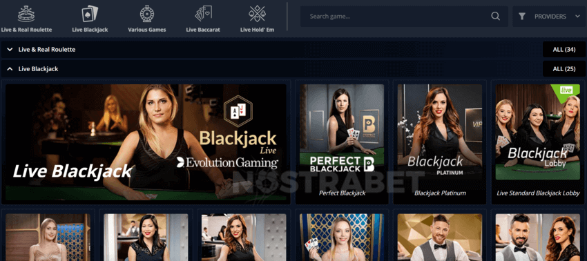 Live Casino Section of Novibet